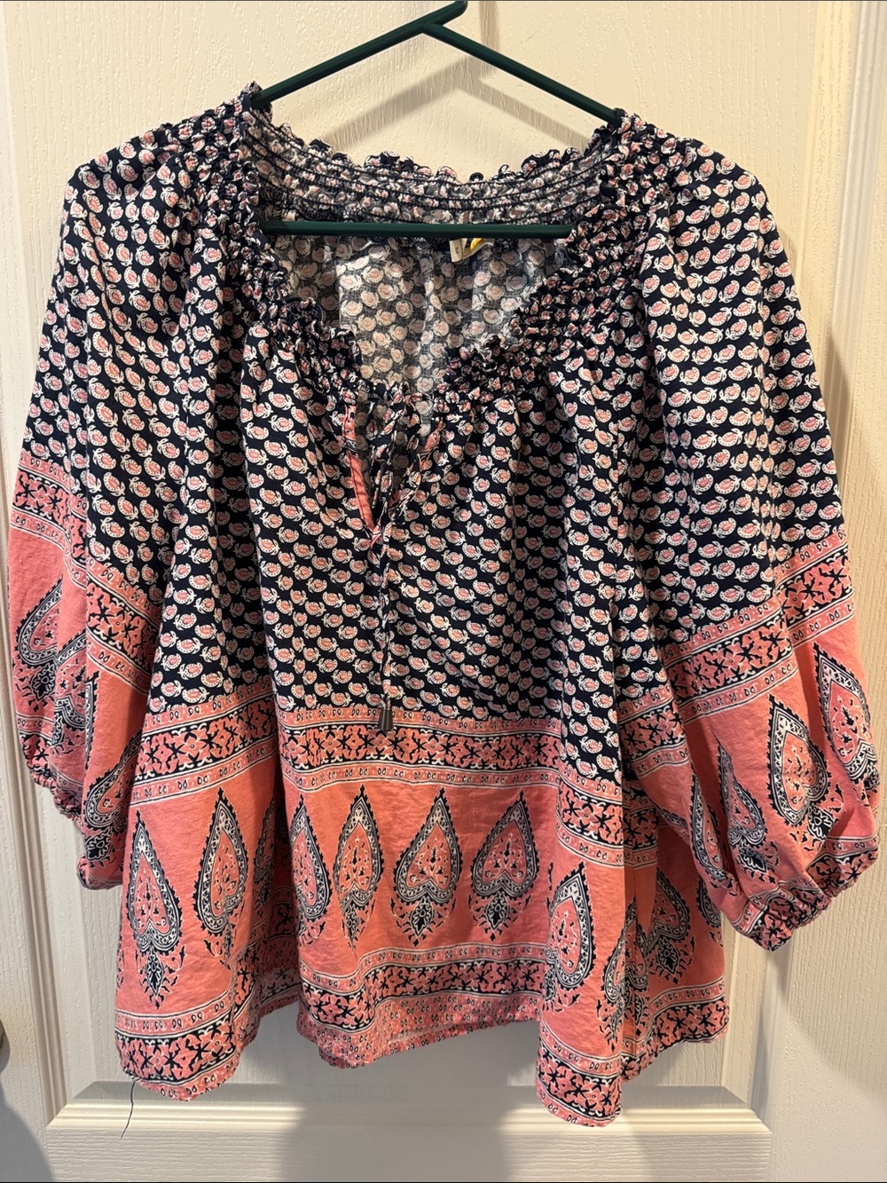 C&C California Black and Pink Boho Smocked Peasant Blouse
